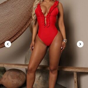 Wavy Beach Ruffle One Piece Swimsuit - Red